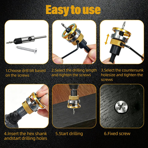 Built Like A Tank 4 Piece Countersink Drill Bit Set With Adjustable Depth Stop And Sturdy L Wrench Made From Premium M2 HSS Steel in use steps
