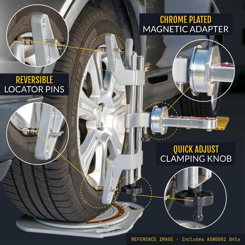 Heavy Duty Lock Tight Wheel Alignment Clamp With Magnetic Adapter For Camber Caster Gauge, Universal 11 To 25 Inch Rim Grippers, Pro Shop Grade Hands On Front End Alignment Tool with chrome-plated adapter and locator pins.