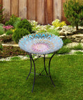 Handpainted Mosaic Flower Fusion Glass Pedestal Bird Bath For Outdoor Patio Garden Backyard Deck Decor, 21 Inch Height In Blue And Purple, Multi Functional Waterer Or Bird Feeder With Foldable Stand