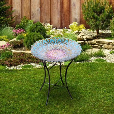 Handpainted Mosaic Flower Fusion Glass Pedestal Bird Bath For Outdoor Patio Garden Backyard Deck Decor, 21 Inch Height In Blue And Purple, Multi Functional Waterer Or Bird Feeder With Foldable Stand