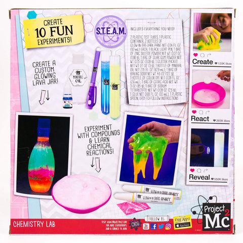 Box showcases Chemistry Lab Kit For Kids Age 6 And Up At Home STEM Science Experiments. Includes test tubes and glowing lava.