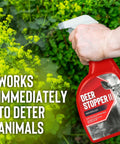 Hand holding Deer Stopper deer repellent spray with lush green plants in background