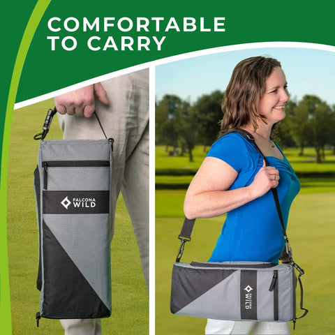 Person carrying Wild Golf Cooler Bag With Two Ice Packs Keeps Drinks Ice Cold For Hours Holds Six Cans, shown on shoulder and by hand.