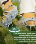 Lawn Aerator Shoes With Spiked Design And Adjustable Wrap Around Lacing For Easy On And Secure Fit Yard Care Must-Have Universal Size 6 To 12 For Men And Women Grass Aeration Spikes Tool In Grey shown on feet walking on grass.
