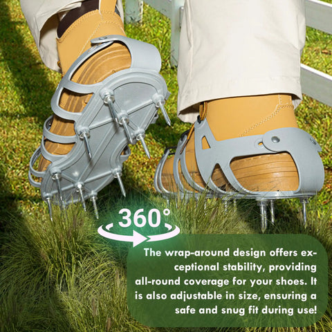 Lawn Aerator Shoes With Spiked Design And Adjustable Wrap Around Lacing For Easy On And Secure Fit Yard Care Must-Have Universal Size 6 To 12 For Men And Women Grass Aeration Spikes Tool In Grey shown on feet walking on grass.