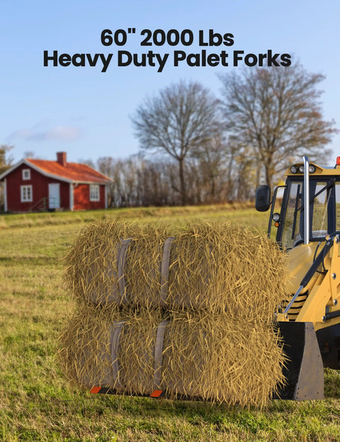 Tractor lifting hay bales with 60-Inch Clamp-On Pallet Forks For Tractor Bucket, 2000 Lbs Capacity, in farm setting