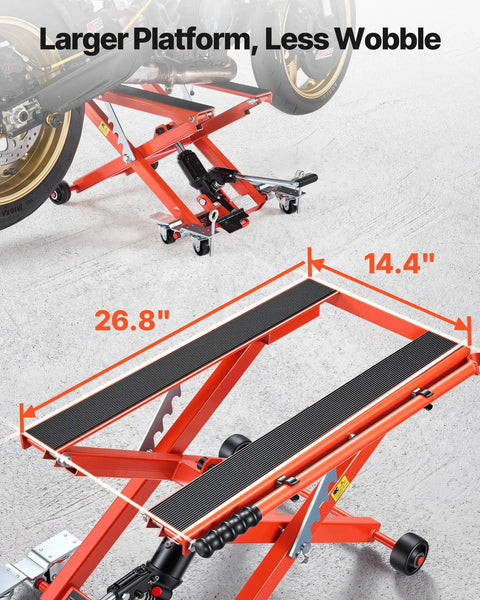 Hydraulic Motorcycle Lift Jack 1100 Lbs Capacity, Portable Scissor Lift Stand With Six Wheels, Foot Operated Hoist For Dirt Bikes, Adjustable Height From 4.72 To 15.15 Inches, Easy Use And Maintenance