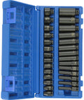 Open blue case showing One Quarter Inch Drive 28 Piece Deep And Standard Length Metric Master Socket Set With Six Point Sizes