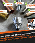 2X No-Nonsense Deburring External Chamfer Tool With Tungsten Carbide Blade displayed with various materials like steel and copper