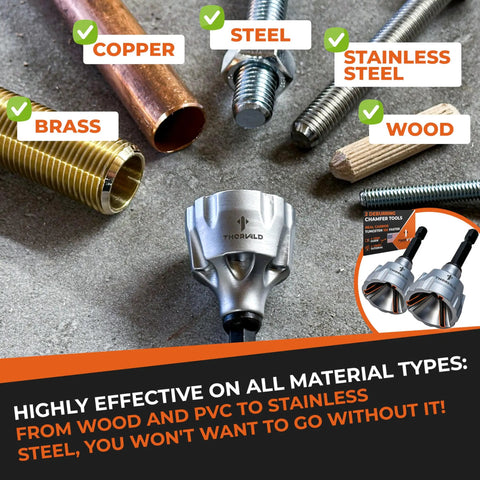 2X No-Nonsense Deburring External Chamfer Tool With Tungsten Carbide Blade displayed with various materials like steel and copper