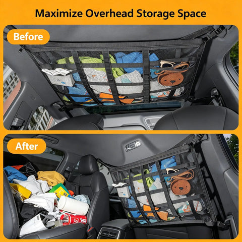 Overhead Car Cargo Net With 3 Pockets For Extra Roof Storage On Road Trips And Camping Durable Mesh Organizer Fits SUV Truck Or Vans Adjustable Straps And D Buckles Keep Gear From Slipping shown maximizing storage space.