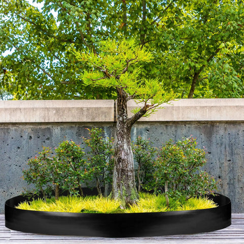 Tree surrounded by black landscape edging from 6 Inch Tall Landscape Plastic Edging Kit With 66 Ft Length And Hammer Spikes