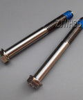 Titanium M8x70 flange hex bolts (2) with blue thread-lock.