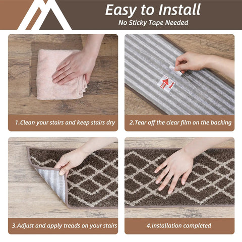 Non Slip Stair Treads Carpet Mats For Wooden Steps 10pcs Indoor Stair Runners With Polyester Fabric And TPE Backing Black Rhombus Design For Kids And Pets installation steps