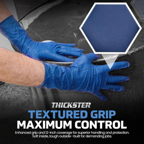 Thickster Powder Free Exam Grade Latex Gloves 14 Mil Heavy Duty Disposable Extra Large Size 50 Count For Janitorial Marine Plumbing Painting Automotive Work with blue textured grip for enhanced control.