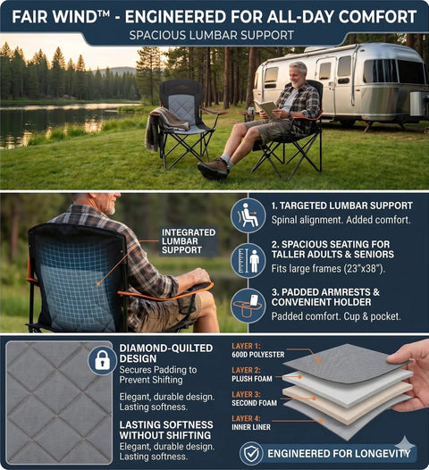 Oversized Padded Camping Chair Two Pack Heavy Duty Quad Chair With Lumbar Support by lake and trailer showing features and layers