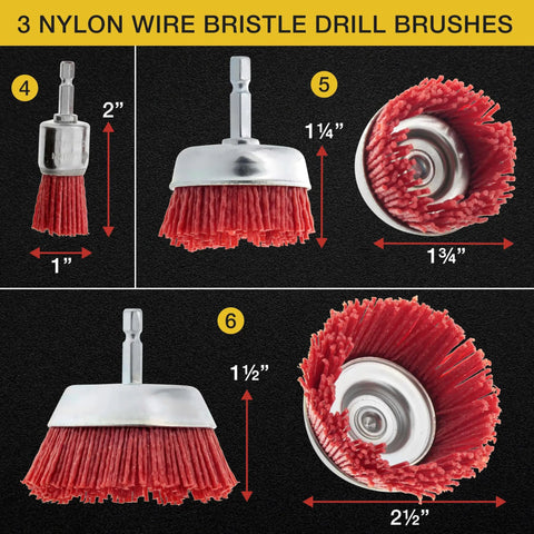 Three nylon wire bristle drill brushes with 1/4 inch hex shank, sizes 2 inch, 1.75 inch, and 2.5 inch for surface prep and rust removal.