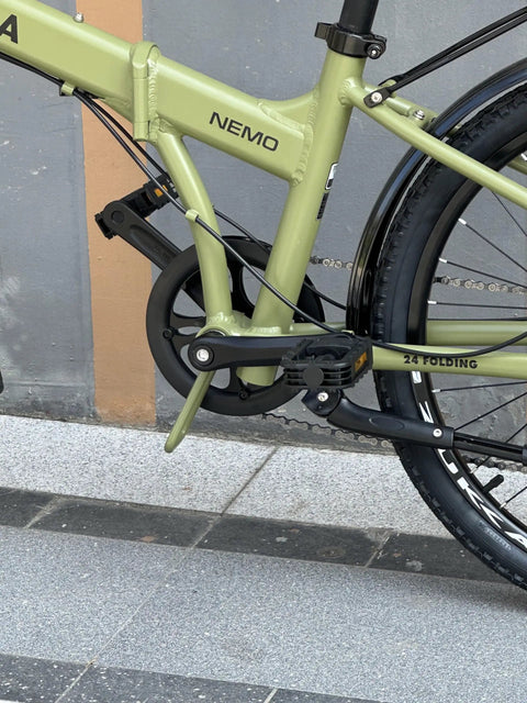 Aluminum Bicycle Crank Arm Left Arm For Mountain Road City Folding EBikes shown on green folding bike, diamond hole spindle.