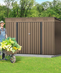 9x4ft Large Outdoor Storage Shed Metal Tool Shed For Backyard Patio Lawn With Lockable Doors And Air Vent, brown shed in garden