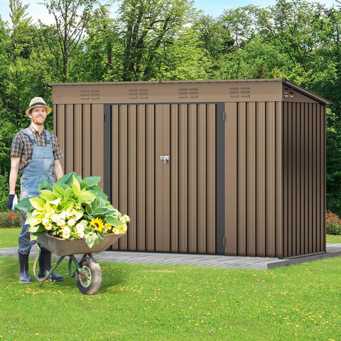 9x4ft Large Outdoor Storage Shed Metal Tool Shed For Backyard Patio Lawn With Lockable Doors And Air Vent, brown shed in garden