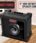 Compact 10 Watt Electric Guitar Amp with 5 Inch High Definition Speaker, volume, bass, treble, distortion, gain, headphone output.