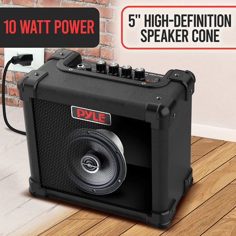 Compact 10 Watt Electric Guitar Amp with 5 Inch High Definition Speaker, volume, bass, treble, distortion, gain, headphone output.
