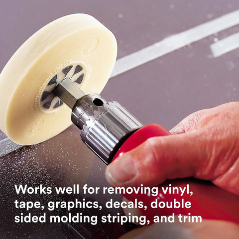 Eraser Wheel Adhesive Remover For Decals And Vinyl 4 Inch Diameter 5/8 Inch Thick attached to drill removing decals