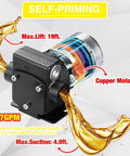 110V AC Self Priming Fuel Transfer Pump For Gasoline Diesel Kerosene With Reversible Pumping Switch High Efficiency 3.7 GPM Lift 19 Feet Suction 4.9 Feet Explosion Proof Construction Ideal For On Site Oil Transfers featuring copper motor and oil transfer visuals