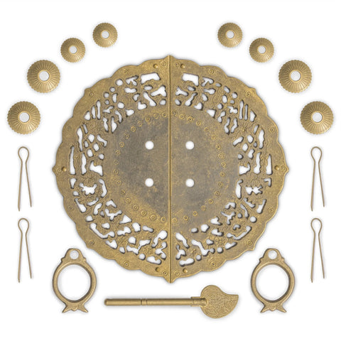 Flower Pot Cabinet Faceplate Set 5.52 Inches Square With Solid Brass Pull And Eight Radial Washers shown front view.