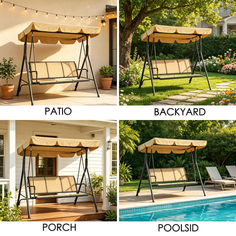 Four images showing Three Person Outdoor Porch Swing With Canopy Shade, Breathable Textilene Seat And Armrests, Adjustable Canopy in patio, backyard, porch, poolside settings.