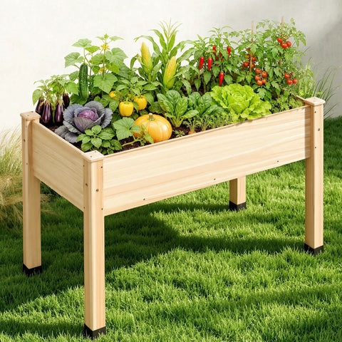 Raised Garden Bed With Sturdy Stand For Backyard Or Patio, 48x30x24 Inch Light Wood Planter Box With Bed Liner displaying vegetables