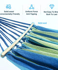Heavy Duty Double Hammock For Indoor And Outdoor Use, Portable 500 Pound Capacity, Two Person Comfort With Carrying Bag, Wide Blue Hammock For Backyard, Beach Or Park Lounging, close-up of blue and green fabric with solid wood bar.
