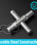 4-Way Sillcock Key Set, 2-Pack For Valve, Faucet, And Spigot Shutoff, Go-To Handy Tool For Emergency Prep, Compact, Durable Construction, Easy To Store In Your Kit. Steel 4-way key with 1/4, 9/32, 5/16, 11/32 sizes and chain