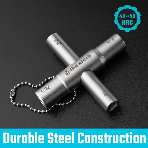 4-Way Sillcock Key Set, 2-Pack For Valve, Faucet, And Spigot Shutoff, Go-To Handy Tool For Emergency Prep, Compact, Durable Construction, Easy To Store In Your Kit. Steel 4-way key with 1/4, 9/32, 5/16, 11/32 sizes and chain