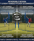 Baseball L Screen Pitching Net 7x7 Portable Pitcher Protector reversible design for left and right-handed use on grass field.