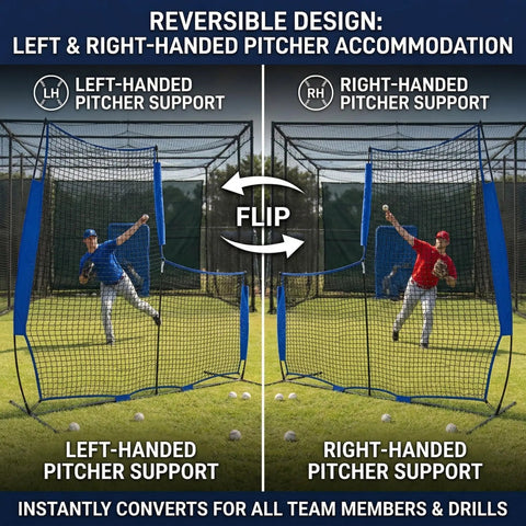 Baseball L Screen Pitching Net 7x7 Portable Pitcher Protector reversible design for left and right-handed use on grass field.