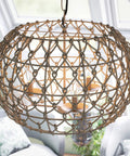 Rustic Woven Pendant Light Fixture Tan With Rope Shade Boho Three Light Ceiling Lamp 14.5 Inch High 20 Inch Wide