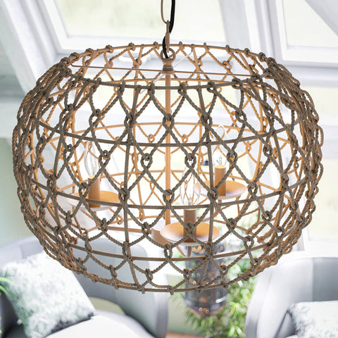 Rustic Woven Pendant Light Fixture Tan With Rope Shade Boho Three Light Ceiling Lamp 14.5 Inch High 20 Inch Wide