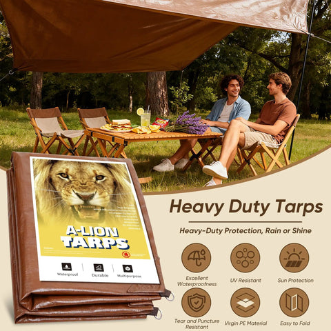 Industrial-Grade Waterproof Tarp 30x40 Ft Heavy-Duty Polyethylene Cover With D-Rings shown as outdoor shelter over picnic area.