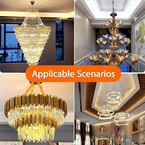 Heavy Duty Electric Chandelier Hoist For Easy Cleaning And Maintenance With 88 To 550 Lbs Load Capacity And 19.6 FT Lifting Range For Big Homes And Shops in various elegant settings.