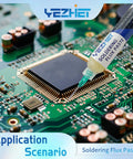 No Clean Soldering Flux And Solder Wick Kit being applied on a PCB for electronics repair, focusing on pro grade lead free rosin flux.