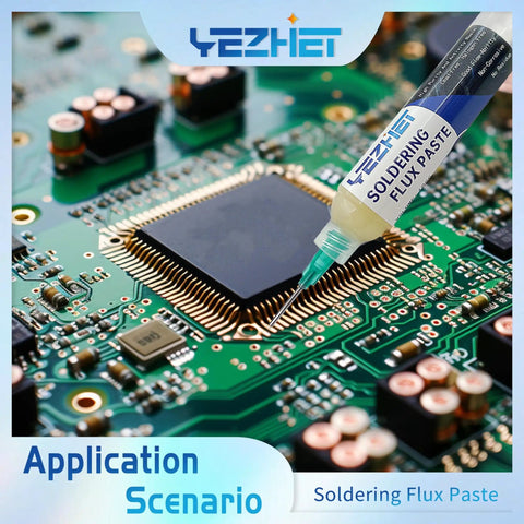 No Clean Soldering Flux And Solder Wick Kit being applied on a PCB for electronics repair, focusing on pro grade lead free rosin flux.