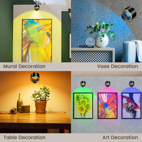 Four Pack Wireless Wall Sconce Lights With Remote showcasing various home decor uses on murals, vases, tables, and art.