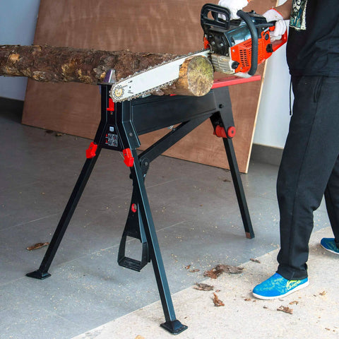 One Ton Clamping Force Portable Material Support Station with Hands Free Holding in use with chainsaw on log