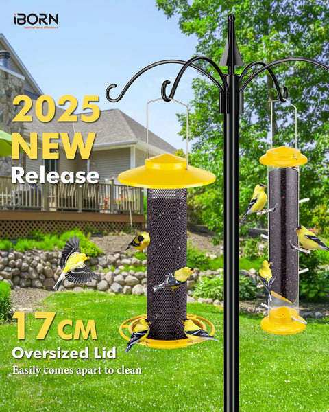 Outdoor Finch Feeder For Nyjer Seed Tube With Metal Mesh 13 Inch Length Weatherproof Roof And Tray 2 Lb Capacity Hanging Bird Feeder for backyards featuring yellow color and finches feeding.