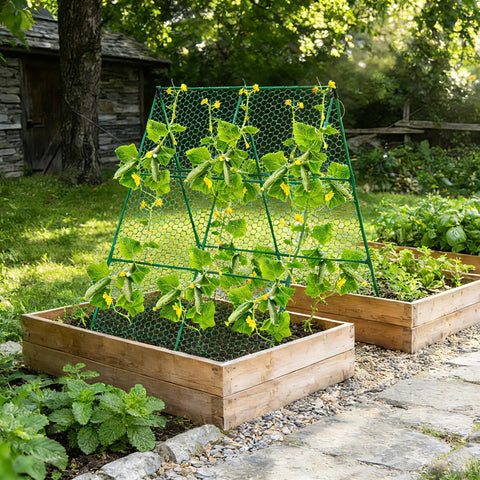 Cucumber Trellis 35 Inch By 50 Inch A Frame Garden Trellis For Climbing Plants in raised beds surrounded by greenery