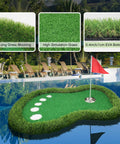 Floating Pool Golf Green Set With Realistic Grass Surface, Chipping Mat, Cup, Flag, Tee, And Five Practice Balls by a pool