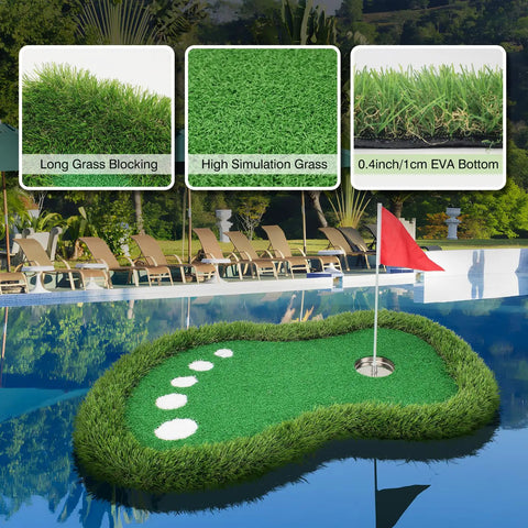 Floating Pool Golf Green Set With Realistic Grass Surface, Chipping Mat, Cup, Flag, Tee, And Five Practice Balls by a pool