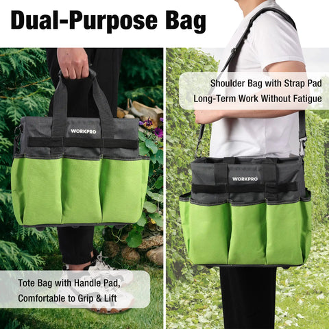 Heavy Duty Garden Tool Bag Organizer With Ten Pockets And Long Adjustable Shoulder Strap Standable Tote For Home Garden Use Green