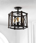 Oil Rubbed Bronze 14 Inch 3-Light Iron Flush Mount Ceiling Light with rustic farmhouse diamond basket design, UL listed, LED bulbs included.
